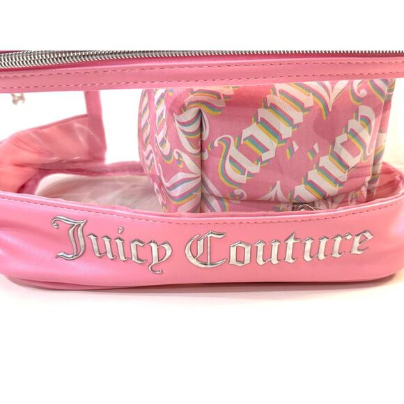 Juicy Couture Pink Clear Cosmetic Bag Set Makeup Travel Case Rainbow Logo NWT - Picture 2 of 4